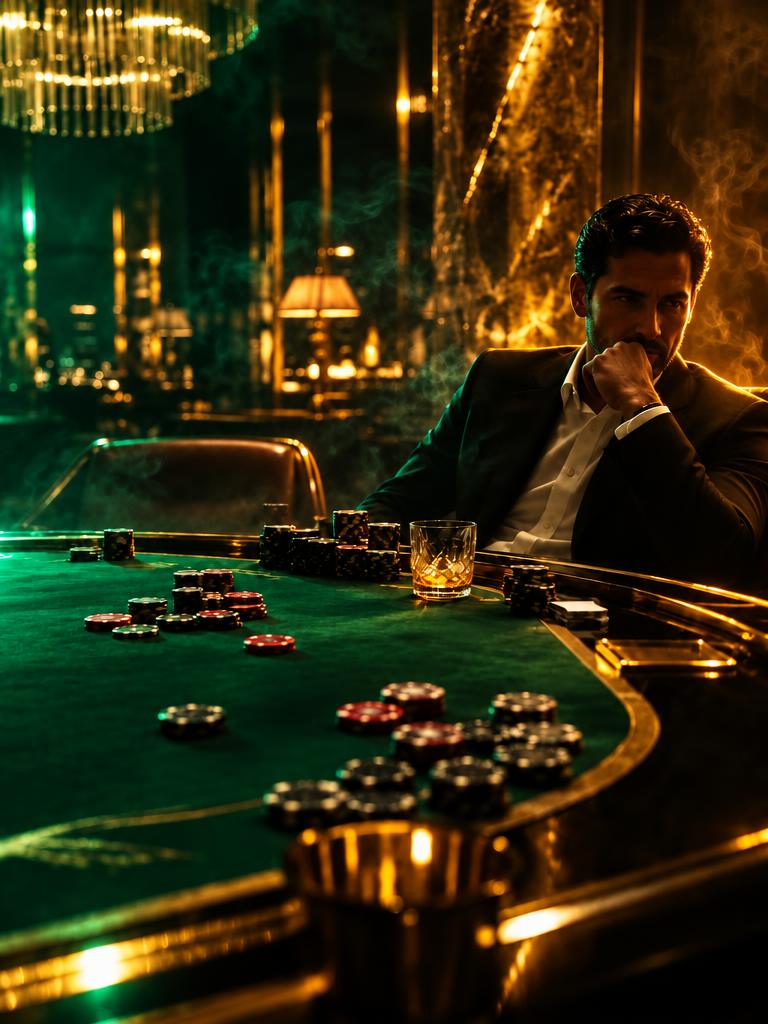 An elegant table, scattered chips, a solitary figure and golden reflections.
