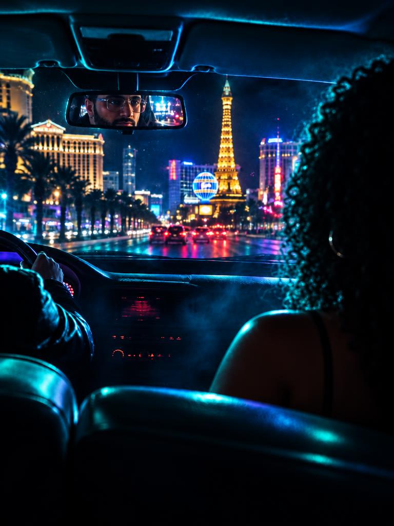 A late-night car, city lights in the rearview mirror, an enigmatic passenger.