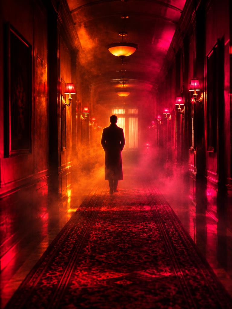 A mysterious figure in a luxury hotel corridor lit by crimson and amber.