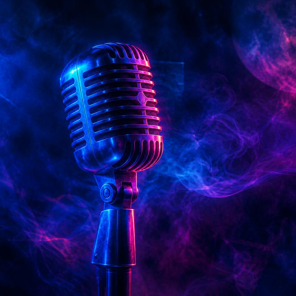 A vintage studio microphone glowing in electric blue and magenta neon light