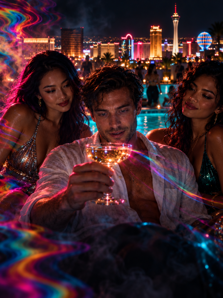 A rooftop pool party above the Strip, champagne raised, the night bending into color.